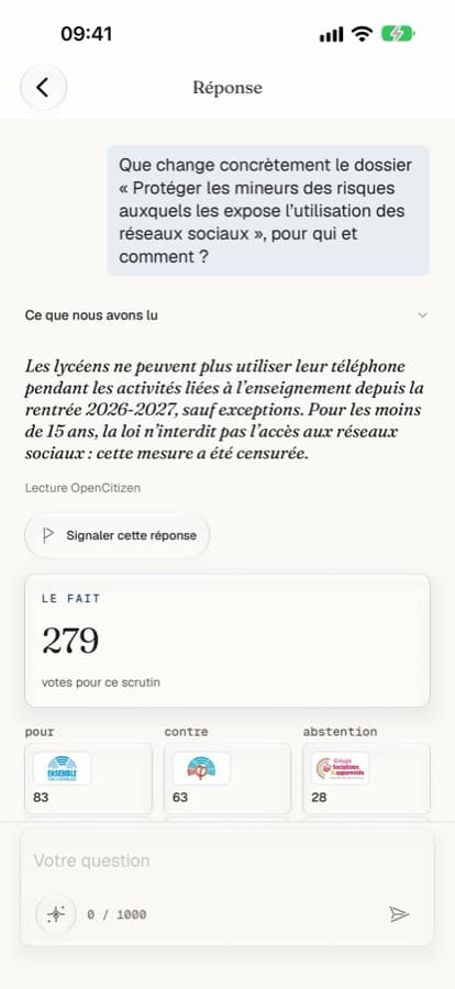 L’Assistant de l’app, en bêta, ouvre une réponse préparée sur un texte et le vote qui la fonde