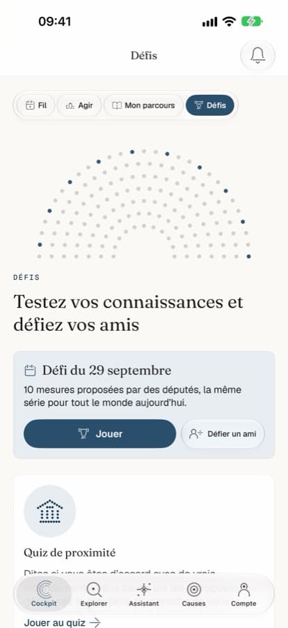 Les Défis dans l’app : le défi du jour, dix mesures proposées par des députés, et le quiz de proximité